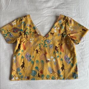 Simons Icone cute yellow tropical monkey print top. Size S.